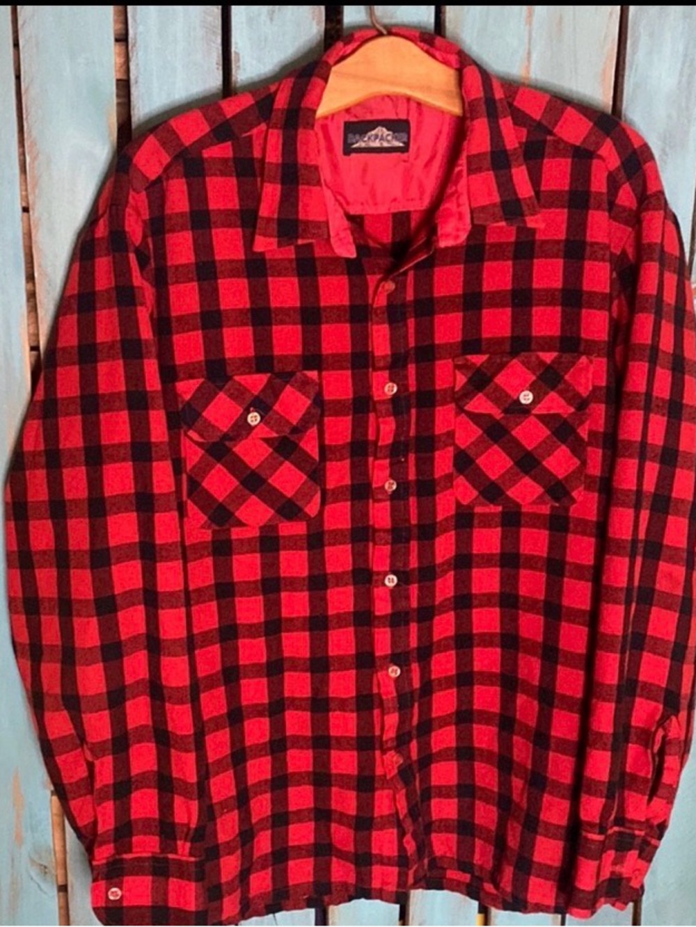 Vintage 90s Backpacker flannel shirt red and black plaid size medium acrylic